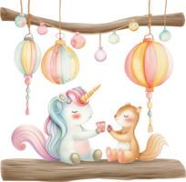 Cute unicorn painting colorful patterns on lanterns with a squirrel watercolor png