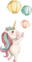 linda unicornio liberando papel linternas dentro el cielo acuarela png