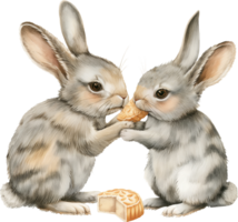 Two rabbits, one offering the other a slice of mooncake png