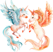 two unicorns flying watercolor png