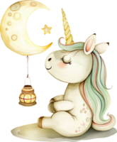 Cute unicorn gazing at the full moon with a lantern hanging from its horn watercolor png