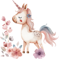 süß Einhorn und Blumen- Aquarell png