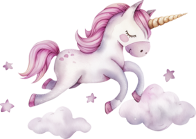 Jumping cute unicorn and moon watercolor png