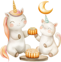 Cute unicorn and a cat enjoying mooncakes watercolor png