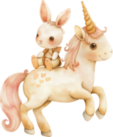 Rabbit sits on the back of the leaping cute unicorn. watercolor png