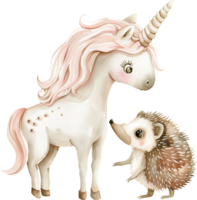 Cute unicorn and a hedgehog watercolor png