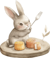 A rabbit with a tiny fork and knife, tasting different flavors of mooncake png