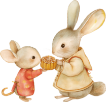 A rabbit sharing a mooncake with a mouse friend png