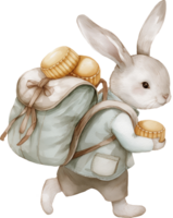 une lapin sur une voyage, porter une sac à dos rempli avec gâteaux de lune png