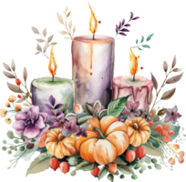 Creating a centerpiece with candles and Halloween-themed floral arrangements png