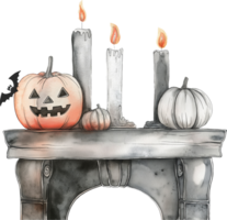 Placing candles on a mantelpiece interspersed with Halloween decorations png