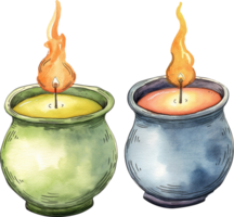 Placing candles in small cauldrons for a witch brew effect png