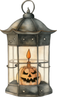 Lighting a candle inside a metal lantern with Halloween cutouts for patterned light png