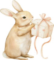 A rabbit wrapping a mooncake as a gift, with festive wrapping paper and ribbons png