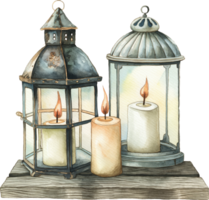 Setting candles in old, rustic lanterns png