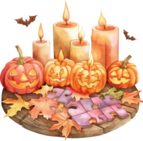 Placing candles near a Halloween themed puzzle or board game setup png