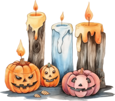 Setting candles near a collection of carved wood Halloween decorations png