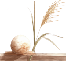 A single Tsukimi dango placed on a window sill with one stalk of reed grass leaning against it png