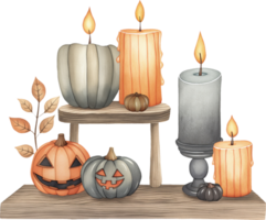 Arranging candles on a shelf among Halloween themed knick knacks png