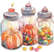 Lighting candles inside large glass jars filled with Halloween candies png