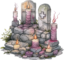 Arranging candles in a graveyard setup with miniature tombstones png