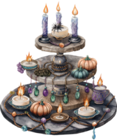 Arranging candles around a display of Halloween-inspired jewelry png