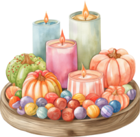 arrangieren Kerzen im ein Halloween Süßigkeiten Buffet zum ein glühend behandeln Anzeige png