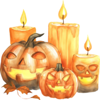 Lighting candles to cast a glow on a collection of Halloween art png