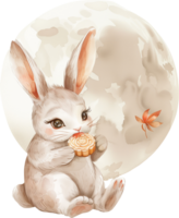 A rabbit sitting under a full moon, holding a mooncake with a bite taken out, surrounded by fallen autumn leaves png