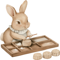 A rabbit carefully crafting mooncakes, with a small rolling pin and molds png