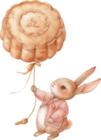 A rabbit holding onto a string attached to a giant mooncake-shaped balloon png