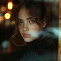 cute girl looking out the cafe window wearing black sweater, ai photo