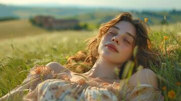 niña descansando y relajante en flor campo, ai foto