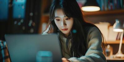 female student studying with laptop, ai photo