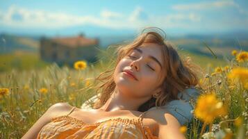 girl resting and relaxing on flower field, ai photo