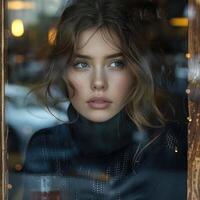 cute girl looking out the cafe window wearing black sweater, ai photo