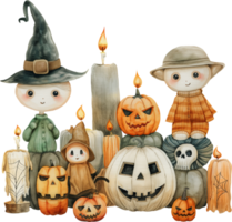 Arranging candles to light up a collection of vintage Halloween costumes png