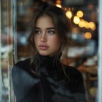 cute girl looking out the cafe window wearing black sweater, ai photo