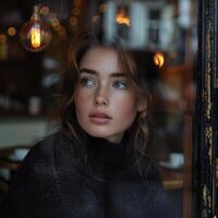 linda niña mirando fuera el café ventana vistiendo negro suéter, ai foto