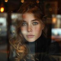 cute girl looking out the cafe window wearing black sweater, ai photo