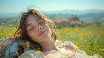 girl resting and relaxing on flower field, ai photo