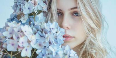 female model posing with blue hydrangea flowers fashion portrait, ai photo