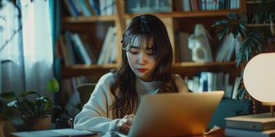 female student studying with laptop, ai photo