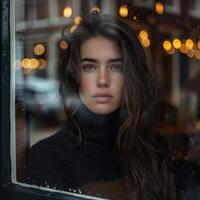 cute girl looking out the cafe window wearing black sweater, ai photo