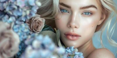 female model posing with blue hydrangea flowers fashion portrait, ai photo