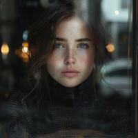 cute girl looking out the cafe window wearing black sweater, ai photo