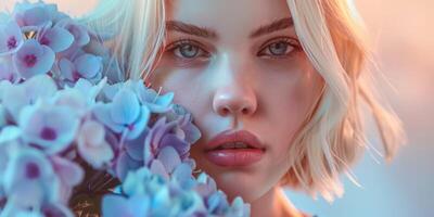 hembra modelo posando con azul hortensia flores Moda retrato, ai foto