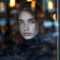 cute girl looking out the cafe window wearing black sweater, ai photo