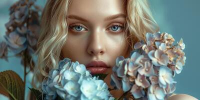 female model posing with blue hydrangea flowers fashion portrait, ai photo