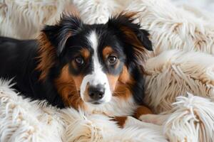 A black border collie breed lies on a fluffy carpet or bedspread. The dog is resting photo